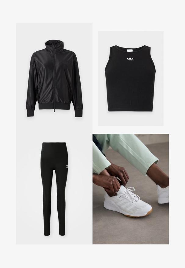 Veste de sport noire zippée intégralement avec col montant, poignets et ourlet côtelés, poches latérales et logo discret sur la poitrine gauche.; Crop top noir côtelé sans manches avec encolure ronde et petit logo blanc Adidas trefoil centré près du col.; Leggings noirs en matériau extensible avec une taille haute, présentant un petit logo Adidas blanc sur la jambe gauche. Texture lisse.; Chaussure de sport blanche avec une tige en maille, semelle en caoutchouc et un design à trois bandes. Les lacets sont en train d'être ajustés ; des vêtements gris clair et vert menthe sont visibles.