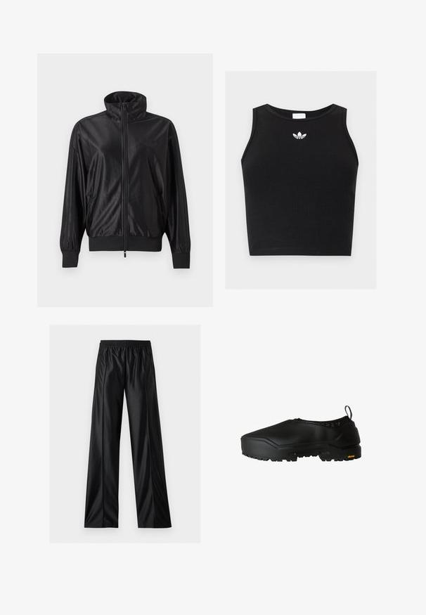 Sort fuld lynlås træningsjakke med høj krave, ribstrikkede manchetter og kant, sidelommer og subtilt logo på venstre bryst.; Sort ribbet ærmeløs crop top med rund halsudskæring og lille hvid Adidas trefoil-logo centreret nær kraven.; Sorte vidde bukser i kunstlæder med elastisk taljebånd og lynlåslommer i siden, vist på hvid baggrund.; The North Face BASE CAMP WP MULE - Loafers - tnf black tnf black