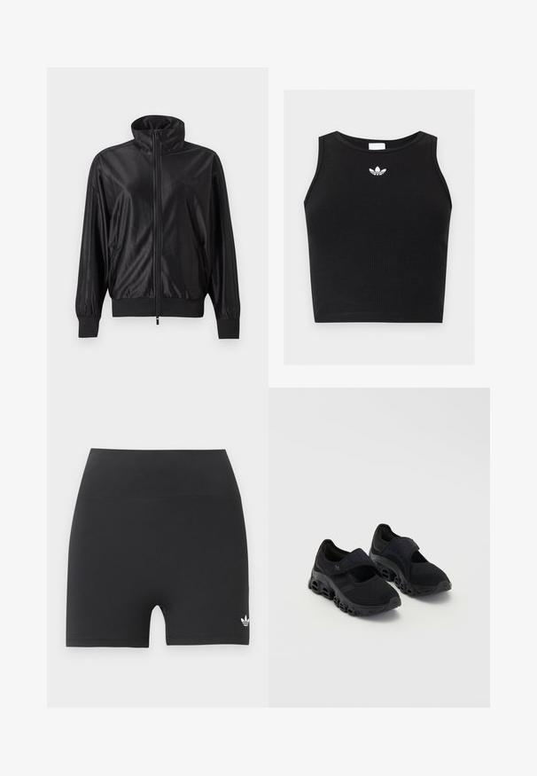 Schwarze Trainingsjacke mit durchgehendem Reißverschluss, hohem Kragen, gerippten Bündchen und Saum, seitlichen Taschen und dezentem Logo auf der linken Brust.; Schwarzes, geripptes ärmelloses Crop-Top mit rundem Ausschnitt und kleinem weißen Adidas-Trefoil-Logo, das zentriert in der Nähe des Kragens platziert ist.; Schwarze, hoch taillierte Sportshorts mit kleinem weißem Adidas-Trefoil-Logo am unteren rechten Bein vor einfarbigem Hintergrund.; Schwarze Sportschuhe mit Mesh-Obermaterial, sicherem Riemen über dem Mittelfuß, dicke Sohle mit abgerundeten Ausschnitten und strukturierten Details an den Seiten.