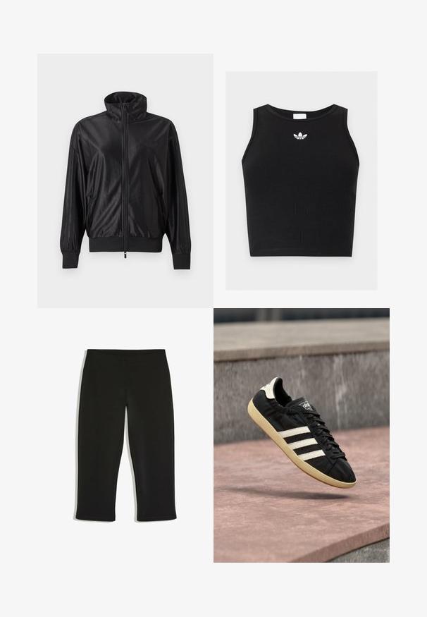 Sort fuld lynlås træningsjakke med høj krave, ribstrikkede manchetter og kant, sidelommer og subtilt logo på venstre bryst.; Sort ribbet ærmeløs crop top med rund halsudskæring og lille hvid Adidas trefoil-logo centreret nær kraven.; Sorte knælange leggings med enkelt design og elastisk taljebånd på hvid baggrund.; Sort Adidas sneaker med hvide striber og beige sål, fanget i luften over en stenet overflade og baggrund af en stenmur.