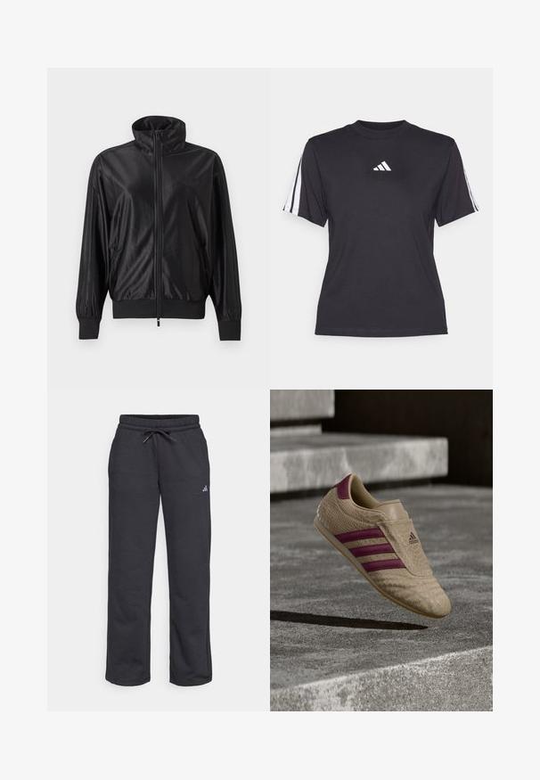 Čierna športová bunda na zips s vysokým golierom, rebrovanými manžetami a lemom, bočnými vreckami a nenápadným logom na ľavej strane hrudníka.; Čierne športové tričko vyrobené z mäkkého materiálu, s klasickým okrúhlym výstrihom, krátkymi rukávmi a tromi bielymi pruhmi na každom ramene. Biely logo na hrudi.; Čierne tepláky z mäkkého materiálu s elastickým pásom, šnúrkou a malým logom na ľavej nohe.; Béžová teniska s textúrou pripomínajúcou hadiu kožu, s fialovými pruhmi a detailmi. Gumená podrážka a logo Adidas na boku.