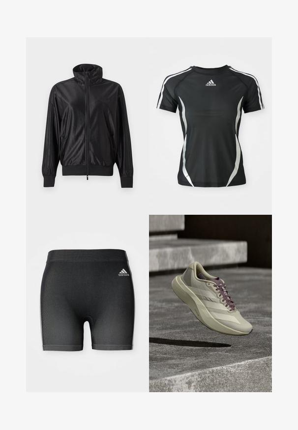 Veste de sport noire zippée intégralement avec col montant, poignets et ourlet côtelés, poches latérales et logo discret sur la poitrine gauche.; T-shirt de sport à manches courtes noir Adidas avec des rayures blanches sur les épaules et des accents courbés argentés sur les côtés.; Shorts de sport noirs en tissu texturé, avec une taille élastique et un petit logo Adidas blanc en haut à gauche.; Chaussure de sport beige avec dessus en mesh texturé, bandes blanches et accents violets. Design léger et bout arrondi pour des performances améliorées.