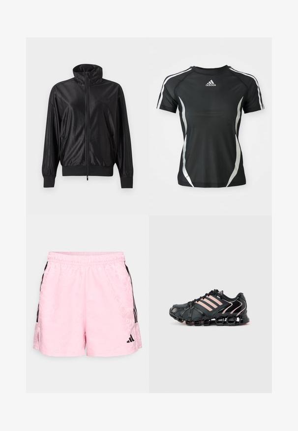 Zwarte trainingsjas met volledige rits, hoge kraag, geribde boorden en zoom, zijzakken en subtiel logo op de linkerborst.; Zwarte Adidas sport T-shirt met korte mouwen, voorzien van witte strepen op de schouders en zilveren gebogen accenten aan de zijkanten.; adidas Sportswear TIRO - Korte broeken - true pink/black; Zwarte sportieve sneaker met roze strepen, een gesegmenteerde gevoerde zool en vetersluiting op een lichtgrijze achtergrond.