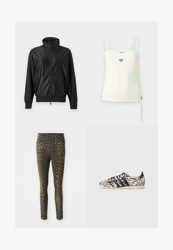 Sort fuld lynlås træningsjakke med høj krave, ribstrikkede manchetter og kant, sidelommer og subtilt logo på venstre bryst.; Cremefarvet tanktop med tynde stropper; Adidas-logo i sort på brystet. Glat stof med en snorejustering ved kanten. Enkel design.; Pletterede leggings med høj talje, strækbart stof og sorte accenter på en lys brun bund, designet til komfort og pasform.; Adidas sneakers med tigerstribet mønster, der har en beige og sort pelslignende tekstur, på en cremefarvet gummisål med sorte snørebånd og striber.