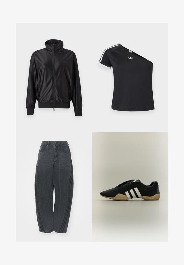 Must täis lukuga spordijakk kõrge kraega, soonikkoes varrukaplaastrite ja servadega, küljetaskutega ja peene logoga vasakul rinnal.; Must Adidas ühe õlaga särk, millel on lühikese varruka valge ääris ja kaeluses keskel asuv logo.; Kottide mustad teksad, millel on kulutatud viimistlus, viis taskut, vöökoht nööbiga kinnitamine ja õmmeldud detailid ees ja külgedel.; Must spordijalats valgete triipude ja beežika tekstuuriga tallaga neutraalsel taustal, nähtud külgprofiilis.
