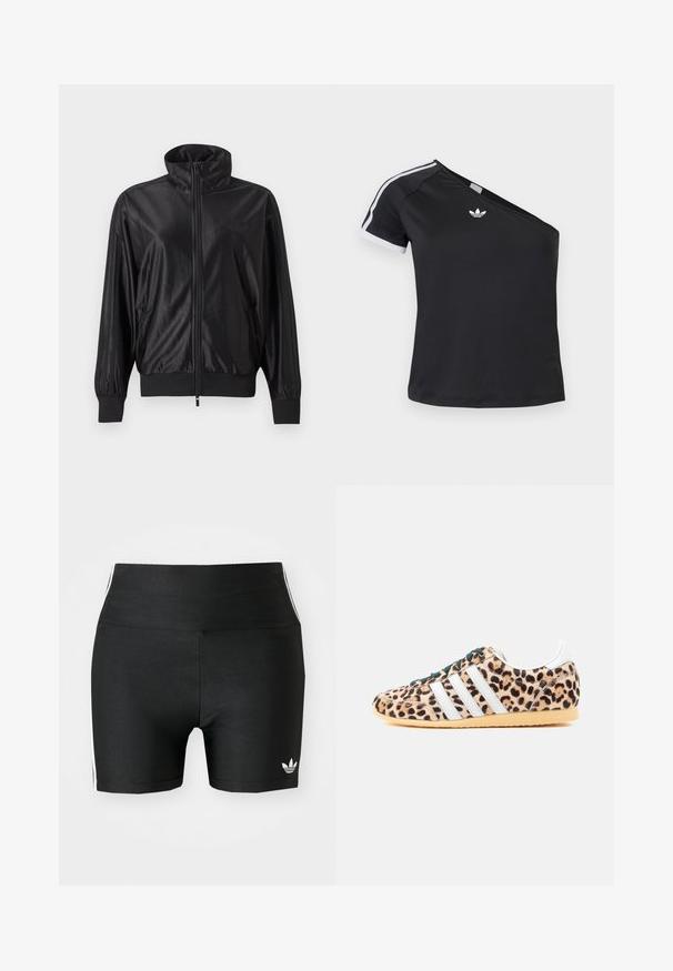 Must täis lukuga spordijakk kõrge kraega, soonikkoes varrukaplaastrite ja servadega, küljetaskutega ja peene logoga vasakul rinnal.; Must Adidas ühe õlaga särk, millel on lühikese varruka valge ääris ja kaeluses keskel asuv logo.; Mustad mustad lühikesed püksid venivast kangast kõrge vöökoha ja valgete külje triipudega. Hemmiku ääres on väike valge logo.; Leopardimustriga toss, millel on seemisnahast pealmine osa, kolm valget triipu ja rohelised paelad. Kummist tald tekstureeritud haarduvusega.