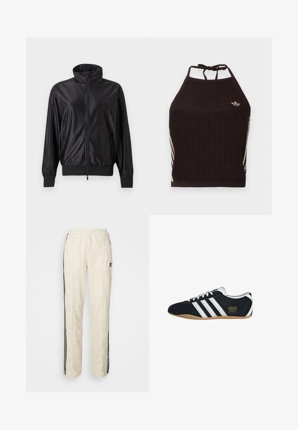 Sort fuld lynlås træningsjakke med høj krave, ribstrikkede manchetter og kant, sidelommer og subtilt logo på venstre bryst.; Sort mesh halter crop top med tekstureret design. Har pink accentstriber og en lille logo foran. Lukning med bånd bagpå.; Cremefarvede joggers med et struktureret, slangeskindsmønster. Har sorte sidelister og en elastisk talje. Sort logoaccent på låret.; Sort ruskinds sneaker med hvide tre striber, guldlogo og en brun gummisål. Har et lavprofil snørebåndsdesign.