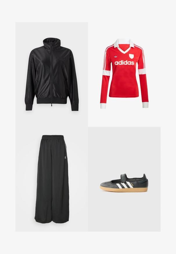 Čierna športová bunda na zips s vysokým golierom, rebrovanými manžetami a lemom, bočnými vreckami a nenápadným logom na ľavej strane hrudníka.; Červený futbalový dres s dlhým rukávom a bielym golierom a manžetami. Na ramenách sú tri biele pruhy a výrazne zobrazené logo "adidas".; Čierne široké tréningové nohavice vyrobené z hladkej látky. Obsahujú elastický pás a bočné pruhy s logom.; Čierne kožené a zamšové tenisky s Velcro pásikom, s tromi bielymi pruhmi a gumenou podrážkou, označené nápisom "SAMBA" na boku.