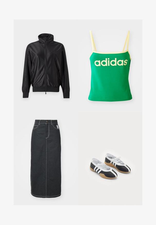 Chaqueta deportiva negra con cremallera completa, cuello alto, puños y dobladillo acanalados, bolsillos laterales y logo sutil en el lado izquierdo del pecho.; Top verde con detalles amarillos, hecho de material elástico. Presenta un gran logo de "adidas" amarillo en el frente y tirantes delgados.; Falda midi de mezclilla negra con rayas verticales blancas. Presenta una cintura con botones, dos bolsillos delanteros y costuras de contraste. Diseño ajustado recto.; Zapatillas deportivas en blanco y negro con un diseño elegante, suela de goma, cierre de cordones y tres franjas blancas en los lados.