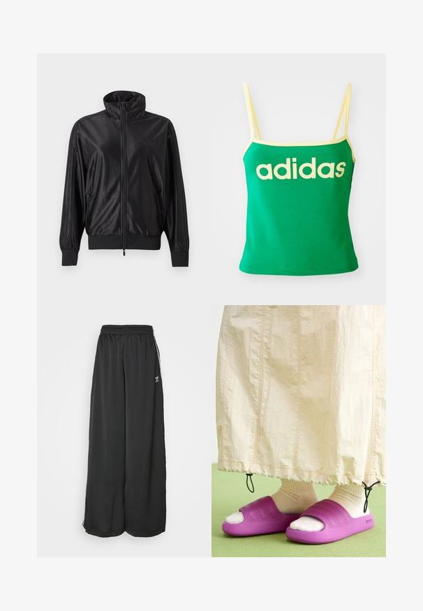 Schwarze Trainingsjacke mit durchgehendem Reißverschluss, hohem Kragen, gerippten Bündchen und Saum, seitlichen Taschen und dezentem Logo auf der linken Brust.; Grünes Tanktop mit gelben Akzenten, aus dehnbarem Material. Lieferumfang: großes gelbes "adidas"-Logo auf der Vorderseite und dünne Träger.; Schwarze, locker sitzende Jogginghosen aus glattem Material. Mit elastischem Bund und seitlichen Streifen mit Logo-Akzenten.; Lila Gummischlappen mit einem strukturierten Bandsdesign, getragen über cremefarbigen Socken, kombiniert mit einem hellbeigen Rock. Grüner Boden.