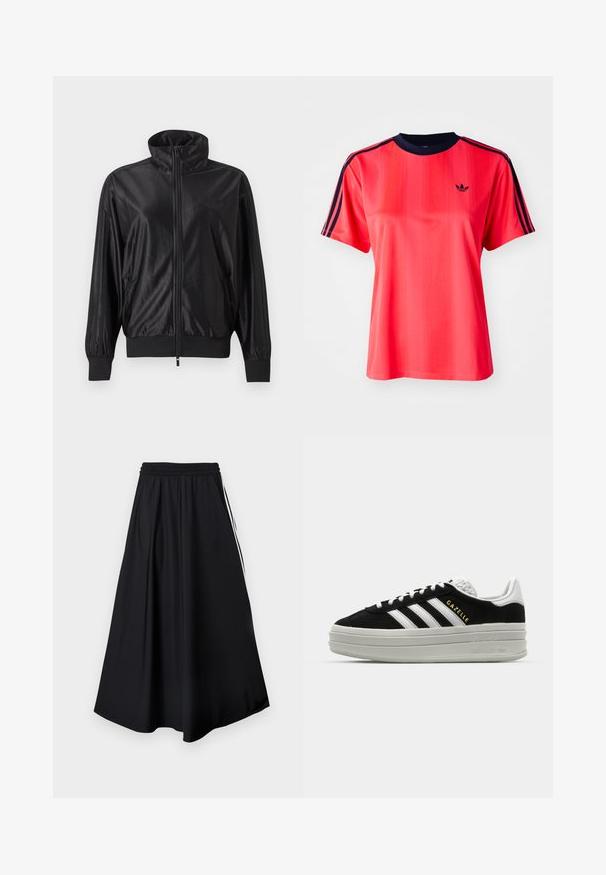 Sort fuld lynlås træningsjakke med høj krave, ribstrikkede manchetter og kant, sidelommer og subtilt logo på venstre bryst.; Rød sports t-shirt med korte ærmer, der har lodrette striber, en marineblå rund hals og et lille sort logo på forsiden.; Sorte bukser med vidde i benene, elastisk talje og hvide sidestriber, vist mod en simpel hvid baggrund.; Sort ruskind sneaker med hvide læderdetaljer, tre hvide striber, flade snørebånd og en tyk grå platformsål. Guldfarvet "Gazelle" branding.