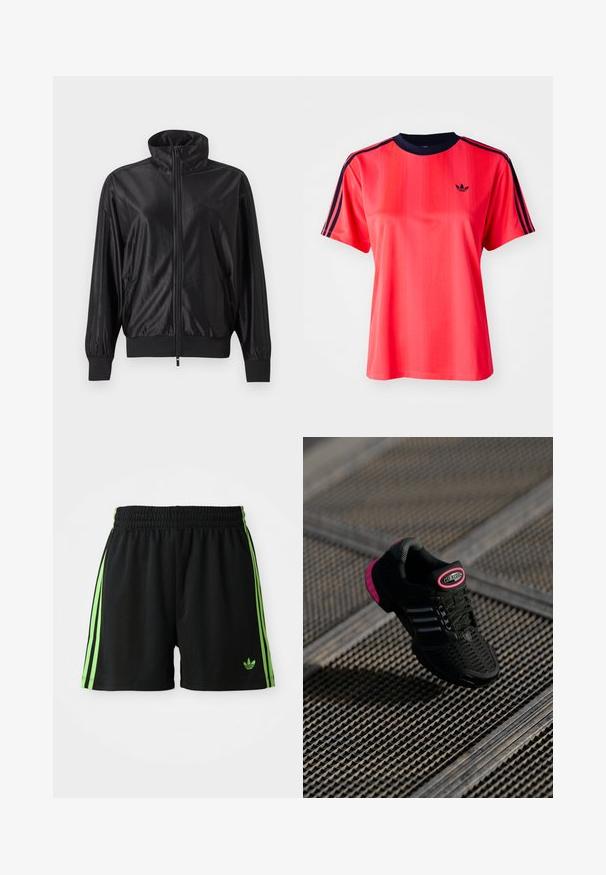 Schwarze Trainingsjacke mit durchgehendem Reißverschluss, hohem Kragen, gerippten Bündchen und Saum, seitlichen Taschen und dezentem Logo auf der linken Brust.; Rotes sportliches T-Shirt mit kurzen Ärmeln, das von vertikalen Streifen, einem marineblauen Rundhalsausschnitt und einem kleinen schwarzen Logo auf der Vorderseite geprägt ist.; Schwarze Sportshorts mit einem Kordelzugbund, die auf jeder Seite drei vertikale grüne Streifen und das grüne Adidas-Logo aufweisen.; Schwarzer Sportschuh mit Netzobermaterial, pinken Akzenten und schwarzen gestreiften Details. Verfügt über eine strukturierte Außensohle und ein Logo-Label an der Ferse.