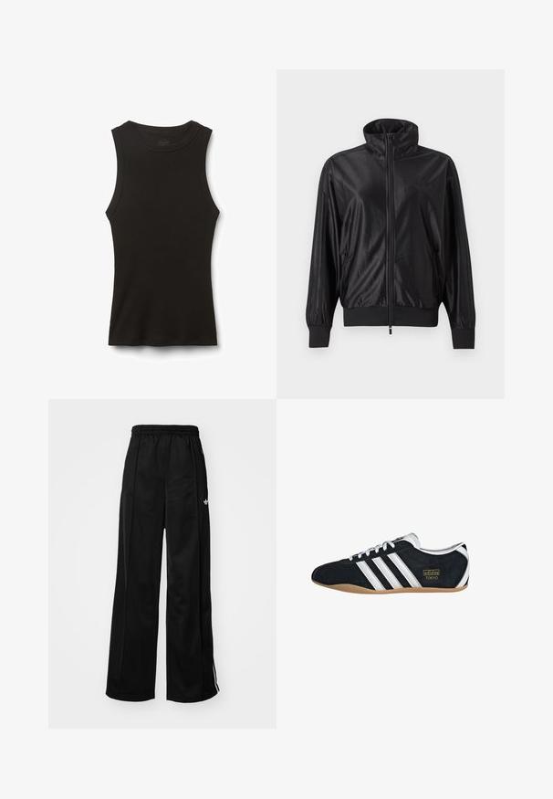 Zwarte trainingsjas met volledige rits, hoge kraag, geribde boorden en zoom, zijzakken en subtiel logo op de linkerborst.; Zwart geribbeld mouwloos tanktop met ronde hals, korte lengte en aansluitende silhouet, plat gelegd op een witte achtergrond.; Zwarte wijde trainingsbroek met een elastische tailleband, voorzien van witte zijkanten en een klein logo op de linker heup. Stevige stoftextuur.; Zwarte suède sneaker met witte drie strepen, gouden logo en een bruine rubberen zool. Heeft een laag profiel vetersluiting ontwerp.