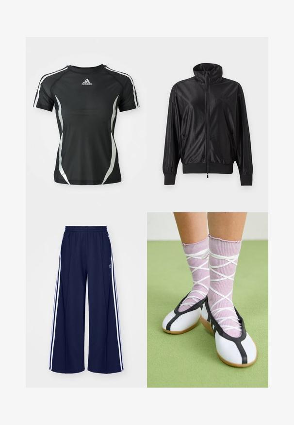Čierna športová bunda na zips s vysokým golierom, rebrovanými manžetami a lemom, bočnými vreckami a nenápadným logom na ľavej strane hrudníka.; Čierne športové tričko Adidas s krátkym rukávom, s bielymi pruhmi na ramenách a striebornými zakrivenými akcentmi po stranách.; adidas Originals PANT - Tepláky - night indigo; Nohy v rebrovaných levanduľových ponožkách s bielymi krížovými pásmi v kombinácii s bielymi baletnými papučkami s čiernym lemom na zelenej podlahe.