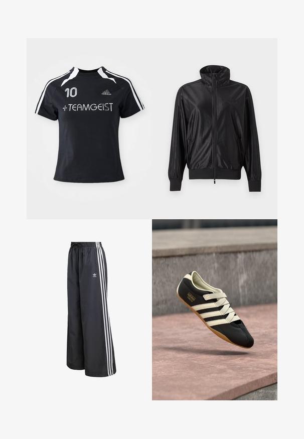 Čierna športová bunda na zips s vysokým golierom, rebrovanými manžetami a lemom, bočnými vreckami a nenápadným logom na ľavej strane hrudníka.; Čierny dres s krátkymi rukávmi a bielymi pruhmi, má vyšitú číslicu "10" a " + TEAMGEIST " vpredu. Vyrobený z mäkkého a priedušného materiálu.; Čierne športové nohavice z ľahkého materiálu, s tromi bielymi vertikálnymi pruhmi a elastickým pásom so sťahovacou šnúrkou.; Čierna športová obuv s krémovými pruhmi a šnúrkami, s nízkym profilom, hladkou textúrou a gumovou podrážkou pre lepšiu priľnavosť. Viditeľná značka značky.