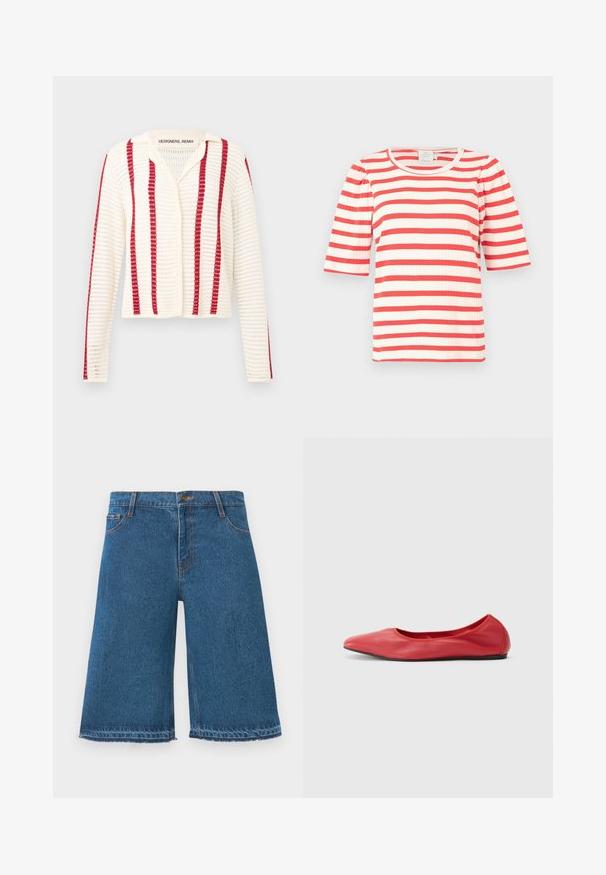 Cardigan en tricot crème avec rayures rouges verticales, manches longues, fermeture à boutons et texture en maille ajourée.; Haut à manches courtes rayé rouge et blanc avec une texture côtelée et un col rond. Les manches bouffantes ajoutent du volume au design.; Shorts en denim bleu au genou avec des bords effilochés, bouton avant et poches, sur fond blanc uni.; Filippa K REY FLATS - Ballerines - bright red