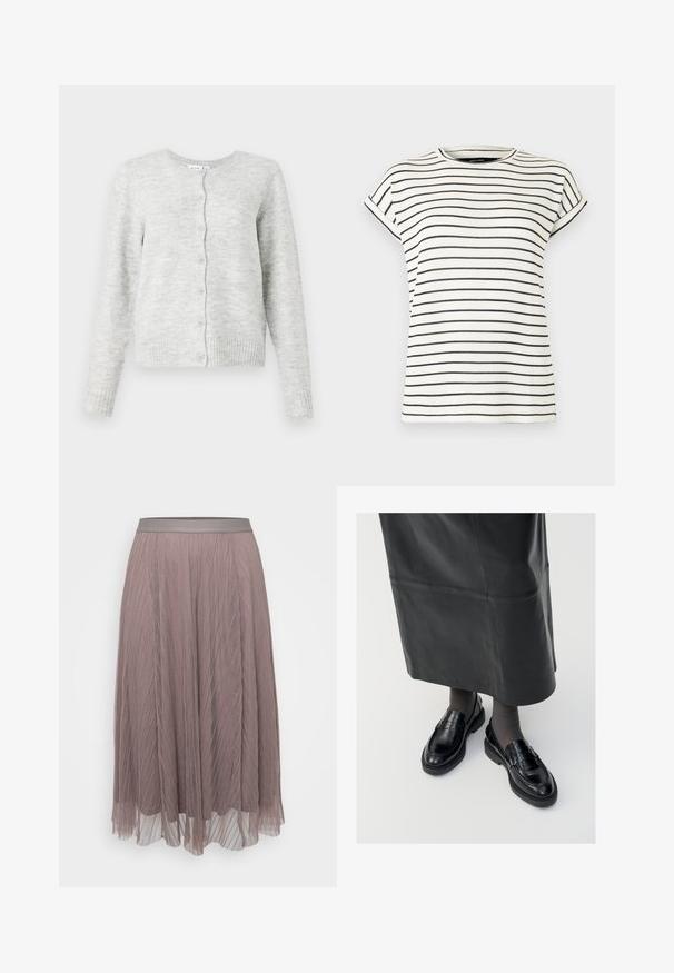 Grå cardigan lavet af blødt materiale med rund hals, lange ærmer og knaplukning foran. Har ribbet kant og manchetter.; Hvid kortærmet t-shirt med lodrette sorte striber, rund halsudskæring og opbuk ved ærmerne. Blødt strikket stof.; Plisseret midiskørt i blød mauve med en glat satin-linning. Letvægts, flydende materiale med lodrette striber og gennemsigtige lag.; Sorte læder loafers med en glat finish, prydet med en dekorativ rem, rund tå og tekstureret sål. Båret med en lang sort læderskirt.