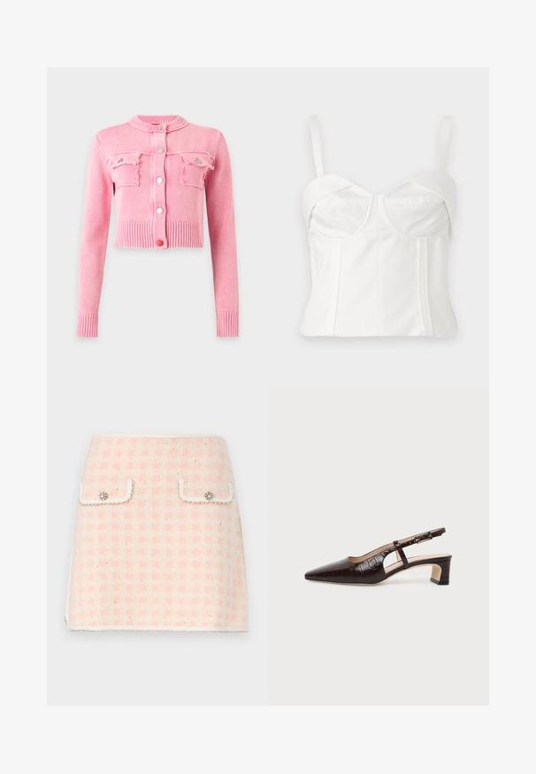 Cárdigan rosa corto de punto con cuello, puños y bajo acanalados, botones plateados en el frente y dos bolsillos en el pecho con solapas abotonadas.; Bralette blanca cortada con tirantes ajustables, tejido suave, cuerpo estructurado, escote curvado y costuras laterales para definición.; Minifalda de lana en un patrón de cuadros en rosa y crema, con dos bolsillos delanteros adornados con botones decorativos y un dobladillo con flecos.; Zapato slingback de cuero con textura de cocodrilo en marrón oscuro, puntera puntiaguda, tacón bajo de bloque y correa ajustable con hebilla dorada.