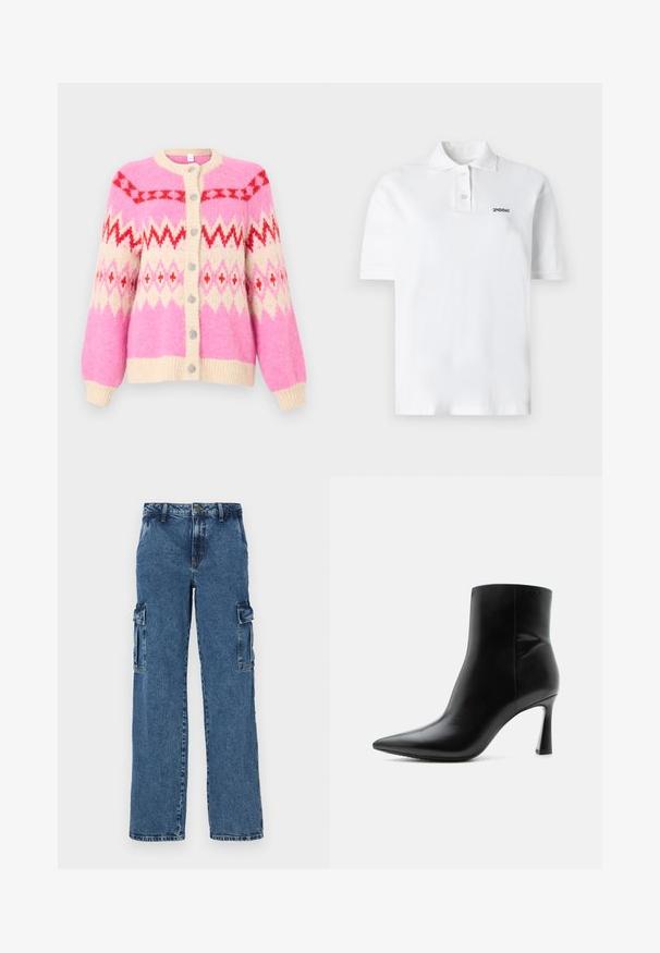 Knopfbares rosa Wollstrickjacke mit beigem Besatz und roten geometrischen Zickzack- und Diamantmustern auf Vorderseite und Ärmeln.; Weißes Poloshirt aus Baumwolle, mit klassischem Kragen, drei Knöpfen und einem kleinen schwarzen Logo auf der linken Brust. Kurze Ärmel.; Blaue Denim-Cargohosen mit lockerer Passform, ausgestattet mit zwei Seitentaschen, verstärkten Nähten und einem geraden Bein-Design.; Schwarzer Leder-Knöchelstiefel mit spitzer Spitze und schlankem, hohem Stilettoabsatz, seitlich auf weißem Hintergrund gezeigt.
