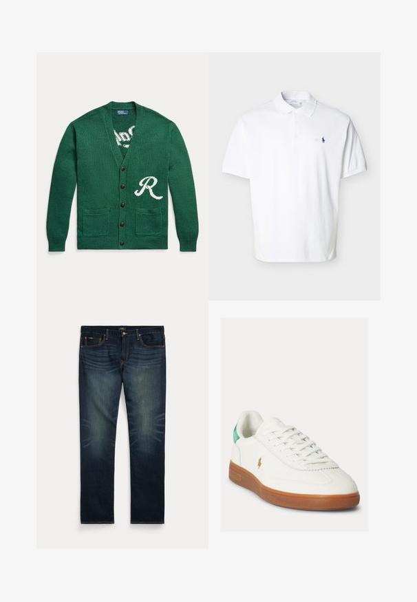 Grüne gestrickte Knopfleiste mit zwei Fronttaschen und einem weißen Buchstaben "R" auf der unteren rechten Seite.; Weißes kurzärmeliges Poloshirt mit Kragen, drei Knöpfen und kleinem marineblau besticktem Logo auf der linken Brust.; Dunkelblaue Jeans aus Denim mit dezentem Verblassen an den vorderen Oberschenkeln und orangefarbenen Nähten, mit Knopf- und Reißverschluss sowie fünf Taschen.; Weißer Schnürsneaker mit brauner Gummisohle, grünem Fersenlasche und kleinem goldfarbenem Polo-Spieler-Logo an der Außenseite.