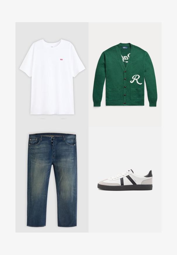Grüne gestrickte Knopfleiste mit zwei Fronttaschen und einem weißen Buchstaben "R" auf der unteren rechten Seite.; Weißes Baumwoll-T-Shirt mit kurzen Ärmeln und Rundhalsausschnitt. Verfügt über ein kleines rotes Levi's-Logo auf der linken Brust. Flaches Design, keine Muster.; Blaue Denim-Jeans mit Knopfverschluss, klassischem Fünf-Taschen-Design und verblasstem Detail an Oberschenkeln und Knien.; Weiße Sneaker mit schwarz- und grau-aczenten, ausgestattet mit einer strukturierten grauen Zehenkappe, schwarzer Gummi-Sohle und flachen weißen Schnürsenkeln. Sauberes Design, minimalistische Stil.