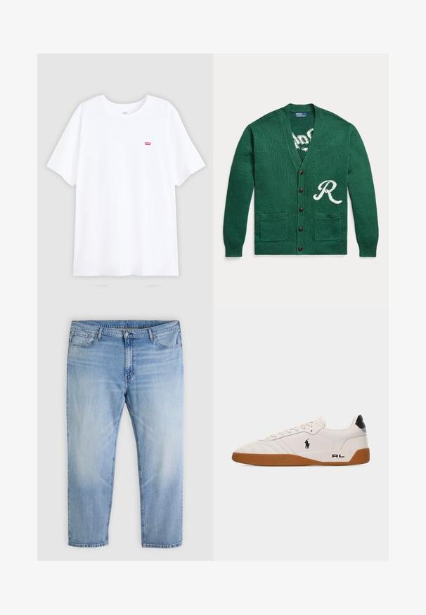 Grüne gestrickte Knopfleiste mit zwei Fronttaschen und einem weißen Buchstaben "R" auf der unteren rechten Seite.; Weißes Baumwoll-T-Shirt mit kurzen Ärmeln und Rundhalsausschnitt. Verfügt über ein kleines rotes Levi's-Logo auf der linken Brust. Flaches Design, keine Muster.; Hellblaue Denim-Jeans mit Vorderknopf- und Reißverschluss, fünf Taschen und geradem Bein.; Weißer Sneaker mit niedrigem Schaft, brauner Gummisohle, schwarzem Polo Ralph Lauren-Logo an der Seite und "RL"-Schriftzug im Fersenbereich.