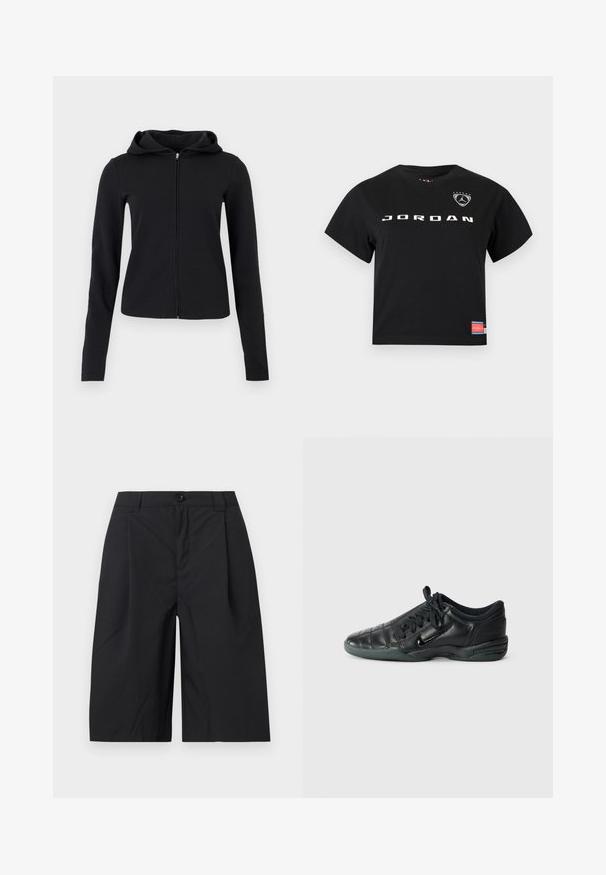 Sweat à capuche noir à manches longues avec fermeture éclair, tissu lisse et coupe slim légèrement ajustée.; T-shirt noir à manches courtes avec le texte blanc "JORDAN" sur la poitrine, un logo avec une silhouette et des étoiles en haut à droite, et une petite étiquette rouge près de l'ourlet.; Shorts noirs longueur genou avec fermeture à bouton et passants de ceinture, en tissu lisse, présentés sur un fond clair uni.; Chaussure de sport en cuir noir avec un design matelassé, bout arrondi, lacets à l'avant et semelle en caoutchouc. Présente une marque discrète sur le côté.