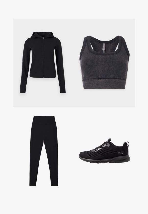 Sweat à capuche noir à manches longues avec fermeture éclair, tissu lisse et coupe slim légèrement ajustée.; Brassière de sport noire en tissu côtelé avec larges bretelles et dos nageur, présentée à plat sur un fond clair.; Leggings noirs avec une taille haute côtelée, un design sans coutures, des poches latérales et une texture lisse sur toute la surface.; Baskets de sport noires avec un dessus en tricot texturé, design à lacets, col rembourré et semelle en caoutchouc coussinée avec un détail strié.