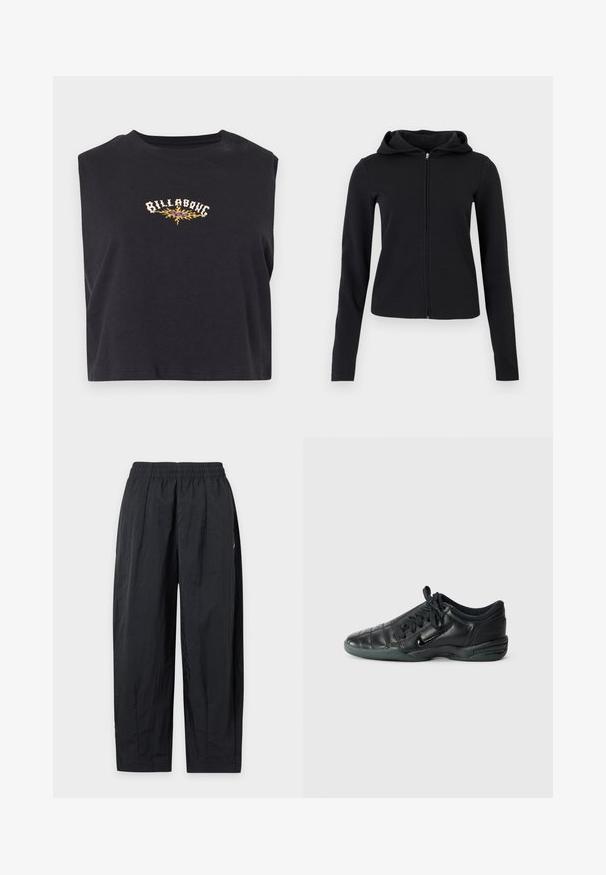 Sweat à capuche noir à manches longues avec fermeture éclair, tissu lisse et coupe slim légèrement ajustée.; Haut noir court sans manches avec le texte "Billabong" et un motif de flamme jaune au centre de la poitrine.; Pantalon noir ample avec taille élastique, en tissu léger, présenté à plat sur fond blanc.; Chaussure de sport en cuir noir avec un design matelassé, bout arrondi, lacets à l'avant et semelle en caoutchouc. Présente une marque discrète sur le côté.