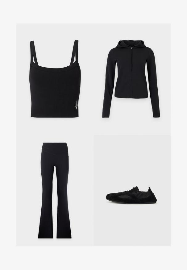 Sweat à capuche noir à manches longues avec fermeture éclair, tissu lisse et coupe slim légèrement ajustée.; Débardeur court noir côtelé avec de fines bretelles et un petit motif floral blanc près du bas à droite.; Pantalon noir taille haute avec une légère évasement en bas, avec un détail de couture en forme de V à la taille.; Baskets légères noires avec accents en daim, cheville élastiquée et semelle fine, présentées en profil latéral sur un fond uni.