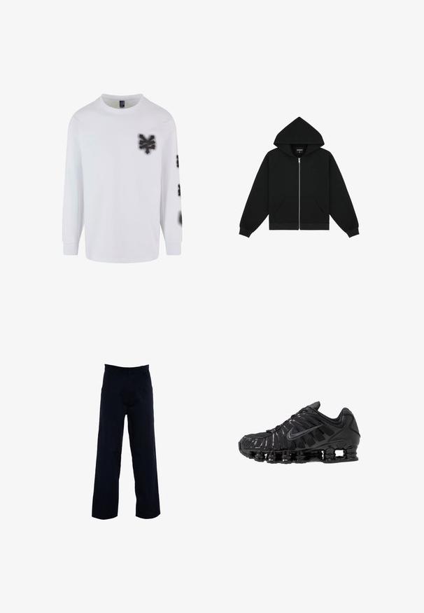 Sweat à zip noir avec une grande capuche, des manches raglan, des poches kangourou à l'avant et un logo en relief subtil sur la poitrine. Matière en coton.; T-shirt à manches longues blanc en coton, avec des graphiques style peinture en spray noire sur la poitrine gauche et la manche. Design classique à col rond.; Pantalon bleu marine foncé à coupe droite, confectionné dans un tissu lisse, avec des poches latérales et une taille classique.; Chaussures de sport noires en mesh et matériaux synthétiques, présentant un design ondulé distinct, une semelle en caoutchouc noire et des accents réfléchissants.