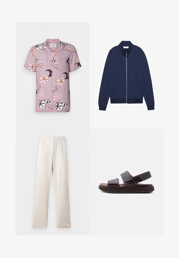 Veste zippée bleu marine en mélange de coton, avec un col montant, des poches latérales, des poignets et un ourlet côtelés, présentant une texture subtile et un design minimaliste.; Chemise à manches courtes, de couleur lavande, arborant un motif sur le thème de la plage avec des parapluies, des vagues et des accents rayés. Comprend une poche poitrine et une fermeture à boutons.; Pantalons larges beige clair en tissu texturé, avec une taille élastique et deux plis à l'avant pour un détail supplémentaire.; Sandale en cuir marron foncé avec deux sangles réglables sur le dessus du pied et une bride ajustable au talon, dotée d'une semelle texturée.