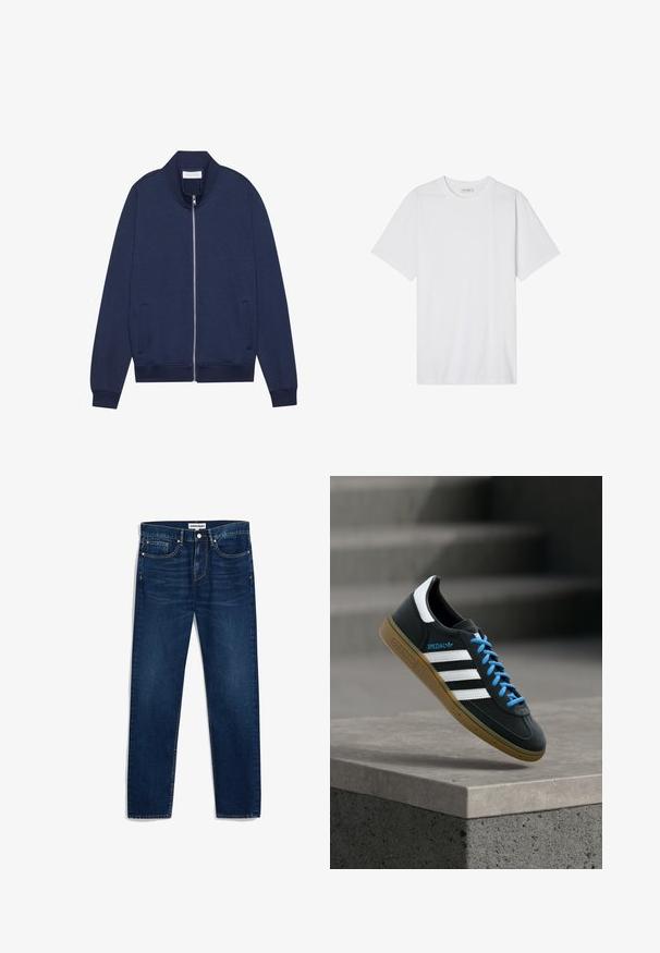 Marine blauwe zip-up jack van een katoenmix, met een hoge kraag, zijzakken, geribde manchetten en zoom, subtiele textuur en een minimalistisch ontwerp.; Witte katoenen t-shirt met een ronde hals, korte mouwen en een comfortabele pasvorm; gladde textuur met schone randen en zonder patronen of versieringen.; Donkerblauwe denim jeans met een rechte snit, vijf zakken en contrasterende stiksels. Voorzien van een knoopsluiting en rits.; Zwarte Adidas-sneaker met witte strepen, blauwe veters en een gumzool die boven een grijze betonnen trede zweeft in zacht licht.