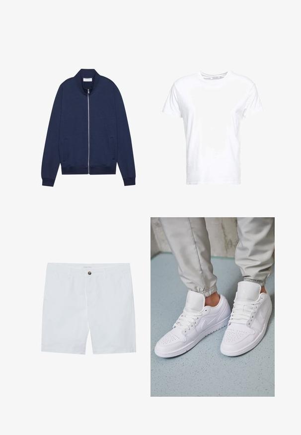 Veste zippée bleu marine en mélange de coton, avec un col montant, des poches latérales, des poignets et un ourlet côtelés, présentant une texture subtile et un design minimaliste.; T-shirt en coton blanc avec un col rond et des manches courtes, au fit classique et à la texture lisse. Aucun motif ni accessoire visible.; Shorts en coton blancs avec fermeture à bouton sur le devant, deux poches latérales et coupe droite. Étiquette de marque "Pier One" à la taille.; Des baskets en cuir blanc présentent une zone de perforation à l'avant, des lacets plats, un col rembourré et le logo Jordan sur la languette. Portées avec un pantalon de jogging gris.