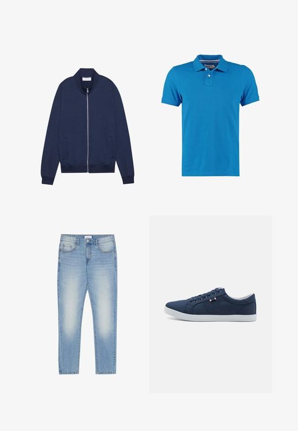 Námornícka zipová bunda z bavlnenej zmesi, s vysokým golierom, bočnými vreckami, rebrovanými manžetami a lemom, s jemnou textúrou a minimalistickým dizajnom.; Polo tričko s krátkym rukávom v jasnej modrej farbe z bavlny, s golierom, trojkoľkovou légou a bez rozpoznateľných vzorov alebo akcentov.; Svetlomodré džínsy s klasickým strihom, s piatimi vreckami, s miernym blednutím vpredu a rovnými nohavicami.; Námornícky modré plátenné tenisky s bielymi gumovými podrážkami, okrúhlou špičkou a šiestimi pármi dierok na šnúrky. Na boku sa nachádza logo.