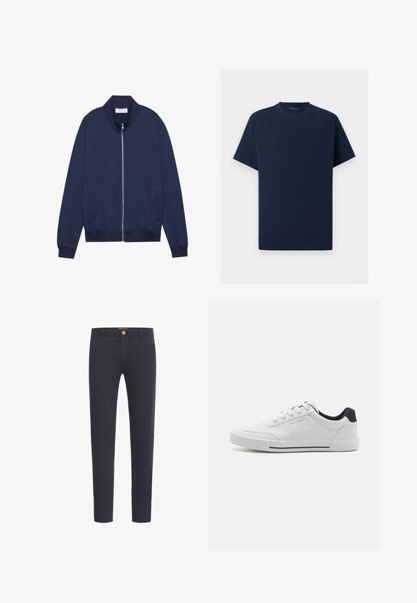 Chaqueta de cremallera azul marino en mezcla de algodón, con cuello alto, bolsillos laterales, puños y dobladillo acanalados, y un diseño minimalista con una textura sutil.; Camiseta lisa azul marino de manga corta y cuello redondo sobre un fondo blanco, mostrando vista frontal sin logos o diseños visibles.; Pantalones azul marino hechos de una tela suave, con un ajuste regular, diseño de cinco bolsillos y cierre frontal con botón.; Zapatillas blancas con una parte superior sintética suave, puntera redonda, diseño de cordones, acento en azul marino en el talón y una suela de goma texturizada con una franja negra.