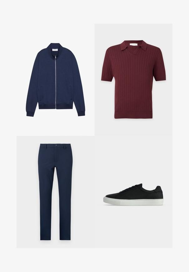 Marineblå zip-up jakke i bomuldsblanding, med høj krave, sidelommer, ribbede manchetter og kant, samt subtil tekstur og minimalistisk design.; Bourgogne strikket polo med korte ærmer, lodret rib og V-udskæring.; Marineblå bukser lavet af et glat stof, med knaplukning, for- og baglommer, samt et skræddersyet, lige ben-design.; Lavtop sort sneaker med sorte snørebånd og tyk hvid gummisål, vist fra den ydre side på en ensartet lys grå baggrund.