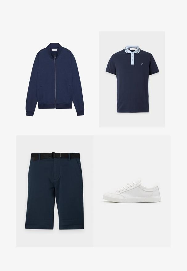 Veste zippée bleu marine en mélange de coton, avec un col montant, des poches latérales, des poignets et un ourlet côtelés, présentant une texture subtile et un design minimaliste.; Polo bleu marine à manches courtes avec col et patte de boutonnage bleu clair, avec un petit "P" brodé sur la poitrine.; Shorts bleu marine en tissu texturé, présentant une ceinture noire ajustable, deux poches latérales et un ourlet droit.; Baskets blanches avec une tige en cuir lisse, bout rond, semelle plate en caoutchouc et six œillets pour les lacets. Détails de couture subtils, design minimaliste.