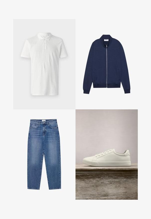 Veste zippée bleu marine en mélange de coton, avec un col montant, des poches latérales, des poignets et un ourlet côtelés, présentant une texture subtile et un design minimaliste.; Polo shirt blanc en coton avec un col, trois boutons et des manches courtes. Présente un logo discret sur la poitrine.; Jean en denim bleu avec une taille haute, une coupe droite et une finition délavée. Comprend cinq poches et une fermeture à bouton.; Sneaker en dentelle blanche flottant au-dessus d'un banc en bois avec un feuillage vert en arrière-plan, mettant en valeur le design et la texture de la chaussure.