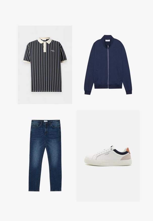 Veste zippée bleu marine en mélange de coton, avec un col montant, des poches latérales, des poignets et un ourlet côtelés, présentant une texture subtile et un design minimaliste.; Polo bleu marine avec fines rayures verticales blanches, col blanc, patte à trois boutons et petit logo blanc brodé sur la poitrine.; Jean slim-fit bleu foncé avec des détails délavés, design classique à cinq poches, fermeture à bouton et passants de ceinture.; Baskets en cuir blanc avec un design bas, accent en tissu bleu marine sur le col et onglet de talon en daim rose pâle. Semelle en caoutchouc.