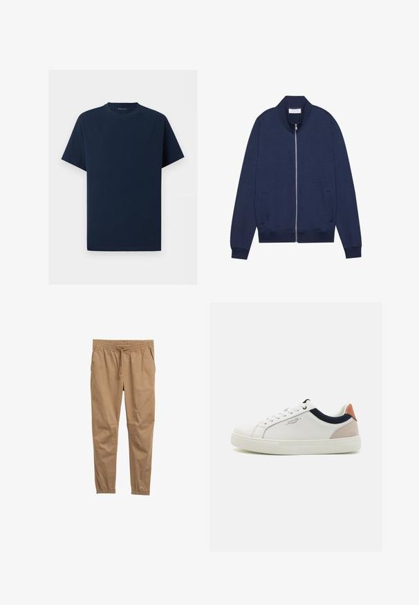 Veste zippée bleu marine en mélange de coton, avec un col montant, des poches latérales, des poignets et un ourlet côtelés, présentant une texture subtile et un design minimaliste.; T-shirt bleu marine uni à manches courtes et col rond sur fond blanc, vue de face sans logos ni motifs visibles.; Pantalons en mélange de coton marron avec une taille élastique, un cordon de serrage adjustable et des poignets fuselés. Texture lisse, sans motifs ni éléments en métal visibles.; Baskets en cuir blanc avec un design bas, accent en tissu bleu marine sur le col et onglet de talon en daim rose pâle. Semelle en caoutchouc.