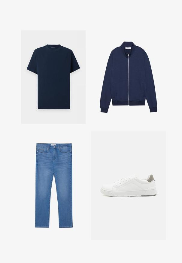 Veste zippée bleu marine en mélange de coton, avec un col montant, des poches latérales, des poignets et un ourlet côtelés, présentant une texture subtile et un design minimaliste.; T-shirt bleu marine uni à manches courtes et col rond sur fond blanc, vue de face sans logos ni motifs visibles.; Jeans en denim bleu clair avec une coupe droite, design à cinq poches, décoloration subtile et accents en métal au niveau de la taille et des poches.; Basket blanche en cuir lisse, à bout arrondi, design minimaliste, accent de talon gris et semelle en caoutchouc texturé.