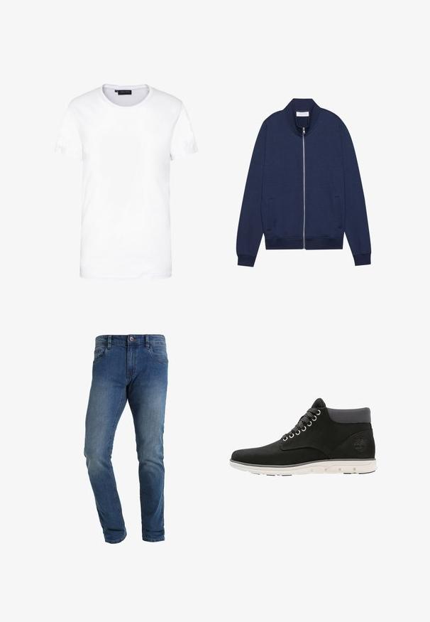 Chaqueta de cremallera azul marino en mezcla de algodón, con cuello alto, bolsillos laterales, puños y dobladillo acanalados, y un diseño minimalista con una textura sutil.; Camiseta de algodón blanca, de manga corta, con cuello redondo, diseño liso, textura suave, corte recto, ajuste estándar, sin patrones ni acentos visibles.; Vaqueros de mezclilla azul oscuro, diseño ajustado, estilo de cinco bolsillos, con cierre de botón y cremallera visible, presentan un ligero desvanecimiento en la parte delantera.; Botas de tobillo de cuero negro con cuello de tejido gris, suela de goma blanca, punta redonda y ojales metálicos para los cordones. Logo de Timberland en la parte trasera.