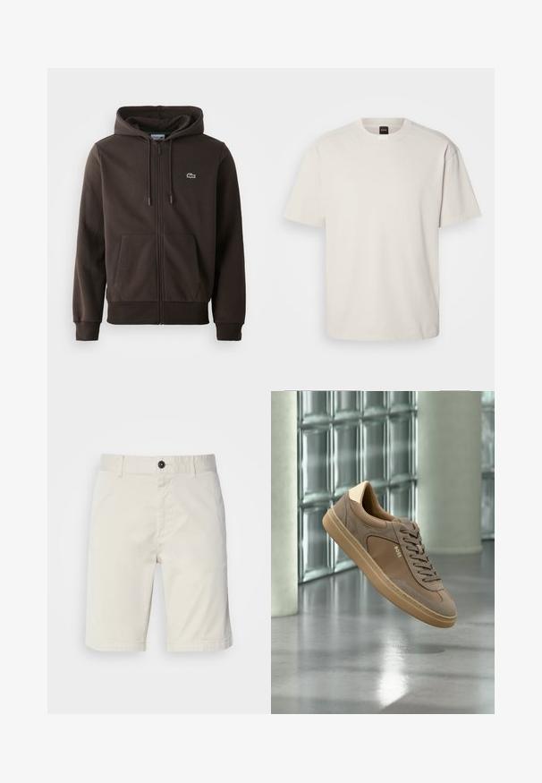 Sudadera con cierre de color marrón hecha de una tela suave, que cuenta con capucha, dos bolsillos frontales y un pequeño logo de cocodrilo verde en el pecho.; Camiseta de manga corta y cuello redondo en algodón color blanco roto, con un corte recto y un logo minimalista en el cuello. Textura suave, sin patrones.; Shorts de color beige claro fabricados en algodón, con cierre de botón, bolsillos delanteros y dobladillo cosido. Textura suave con un diseño casual.; Zapatilla deportiva beige casual con cordones y logo "BOSS" flotando sobre un suelo de hormigón pulido con fondo de pared de bloques de vidrio.
