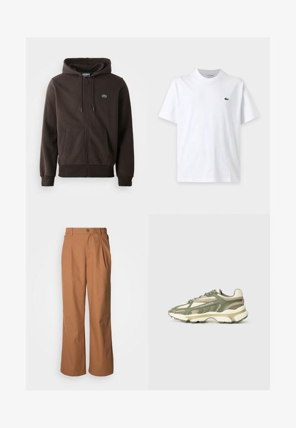 Haut zipé marron fabriqué en tissu doux, doté d'une capuche, de deux poches frontales et d'un petit logo de crocodile vert sur la poitrine.; T-shirt blanc uni à manches courtes avec col rond et petit logo crocodile vert sur la poitrine gauche.; Pantalon à jambes larges en tissu marron chaud, avec fermeture à boutons sur le devant, plis subtils et coupe droite pour une tenue décontractée.; Baskets athlétiques vertes et beige avec empeigne en mesh et suède, semelle intermédiaire texturée, système de laçage visible et détail de logo en relief.