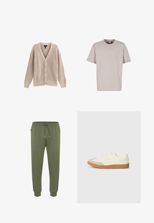 Beige strikket cardigan med V-hals, ribbet tekstur og seks frontknapper. Har lange ærmer og en afslappet pasform.; Urban Classics CUFF TEE - T-shirts basic - cloud; Joggingbukser i olivengrøn lavet af blødt stof, med snøre i taljen, sidelommer og ribbestrikkede manchetter for en tæt pasform.; Sneaker lavet af hvid læder med en beige tåhætte og let brunt gummisål. Har flade hvide snørebånd og prægede branding på siden.