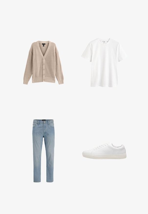 Beige Strickjacke mit V-Ausschnitt, geripptem Muster und sechs vorderen Knöpfen. Sie hat lange Ärmel und eine lockere Passform.; Schlichtes weißes Kurzarm-T-Shirt mit Rundhalsausschnitt und kleinem Markenlabel innen im Kragen.; Hellblaue Denim-Jeans mit geradem Schnitt, fünf Taschen, Knopfverschluss und einem leicht ausgewaschenen Finish.; Weiße Leder-Sneaker mit glatter Textur, runder Zehenpartie, Schnürverschluss und flacher Gummisohle. Minimalistisches Design ohne sichtbare Muster.
