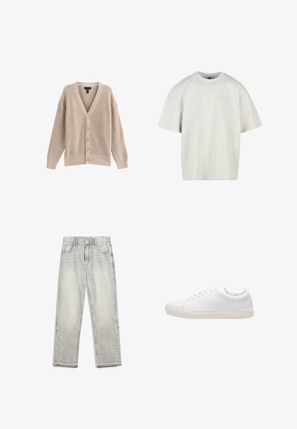 Beige strikket cardigan med V-hals, ribbet tekstur og seks frontknapper. Har lange ærmer og en afslappet pasform.; Lys grå bomulds t-shirt med korte ærmer, rund hals og en afslappet pasform. Stof overfladen er blød og let struktureret.; Lys grå denimjeans med en let falmet finish, lige pasform, fem-lomme design og flosset søm. Flad taljebånd med bælteløkker.; Hvide lædersneakers med en glat overflade, rund tå, snørebåndslukning og flad gummisål. Minimalistisk design uden synlige mønstre.