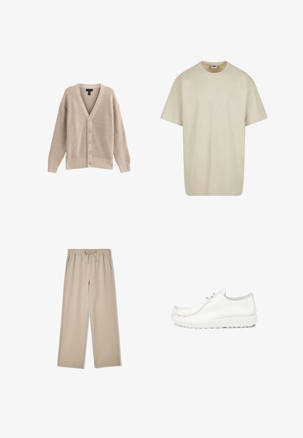 Beige gebreide cardigan met een V-hals, geribbelde textuur en zes knopen aan de voorkant. Voorzien van lange mouwen en een relaxte pasvorm.; Lichtbeige katoenen T-shirt met korte mouwen, een ronde hals en een losse pasvorm. De stof oogt glad zonder zichtbare patronen of accenten.; Beige wijde broek met elastische tailleband en trekkoord, voorzien van zijzakken, platliggend op een witte achtergrond.; Witte leren schoenen met een ronde neus, gestikte details en een lichte witte zool. Voorzien van twee oogjes voor veters.