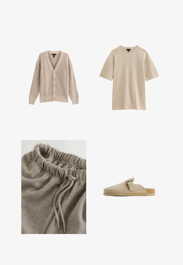 Beige strikket cardigan med V-hals, ribbet tekstur og seks frontknapper. Har lange ærmer og en afslappet pasform.; Beige ribstrikket T-shirt med korte ærmer, rund hals og løs pasform, vist mod en hvid baggrund.; Grå bomulds joggingbukser med elastisk talje og rynket tekstur samt snøre til justering. Glat, blødt stof.; Beige ruskindssko med en buet form, justerbar metalspænde og struktureret korksål. Ydersålen har en sål med takker for bedre greb.